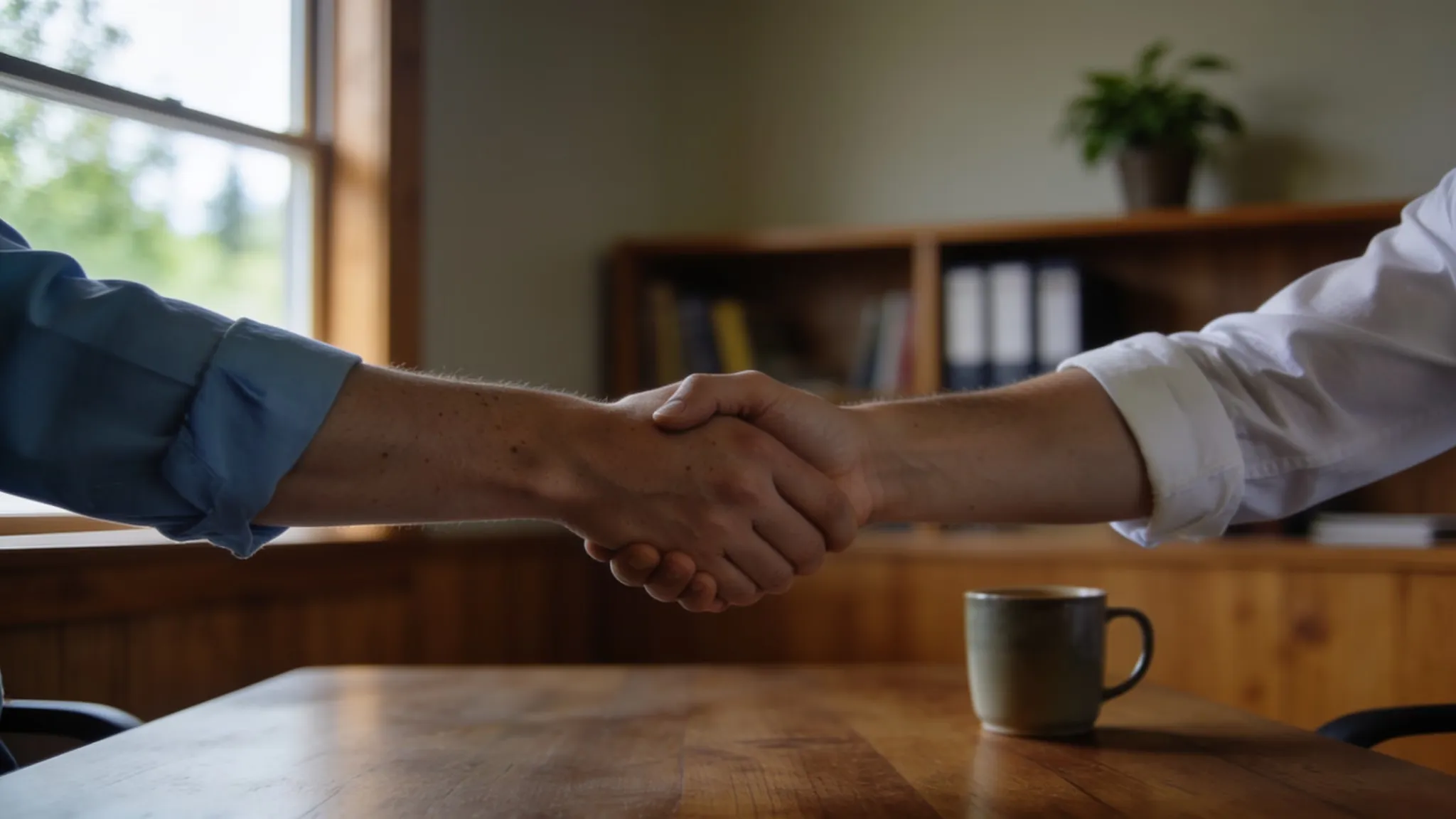Two people shaking hands across a desk in a warm, locally owned office