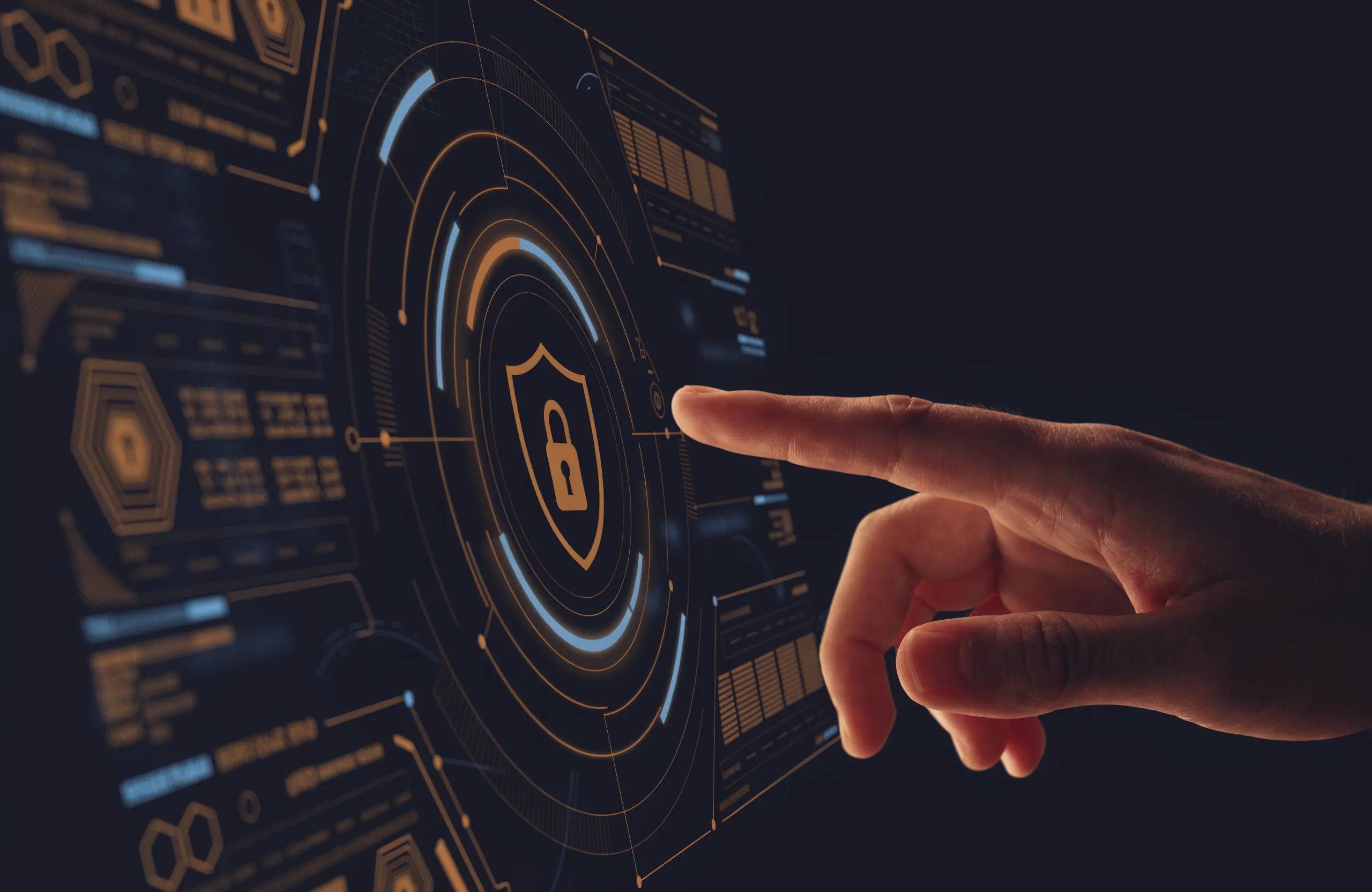 A finger touching a glowing navy-and-gold security interface with a shield and padlock — threat detection with expert human intervention