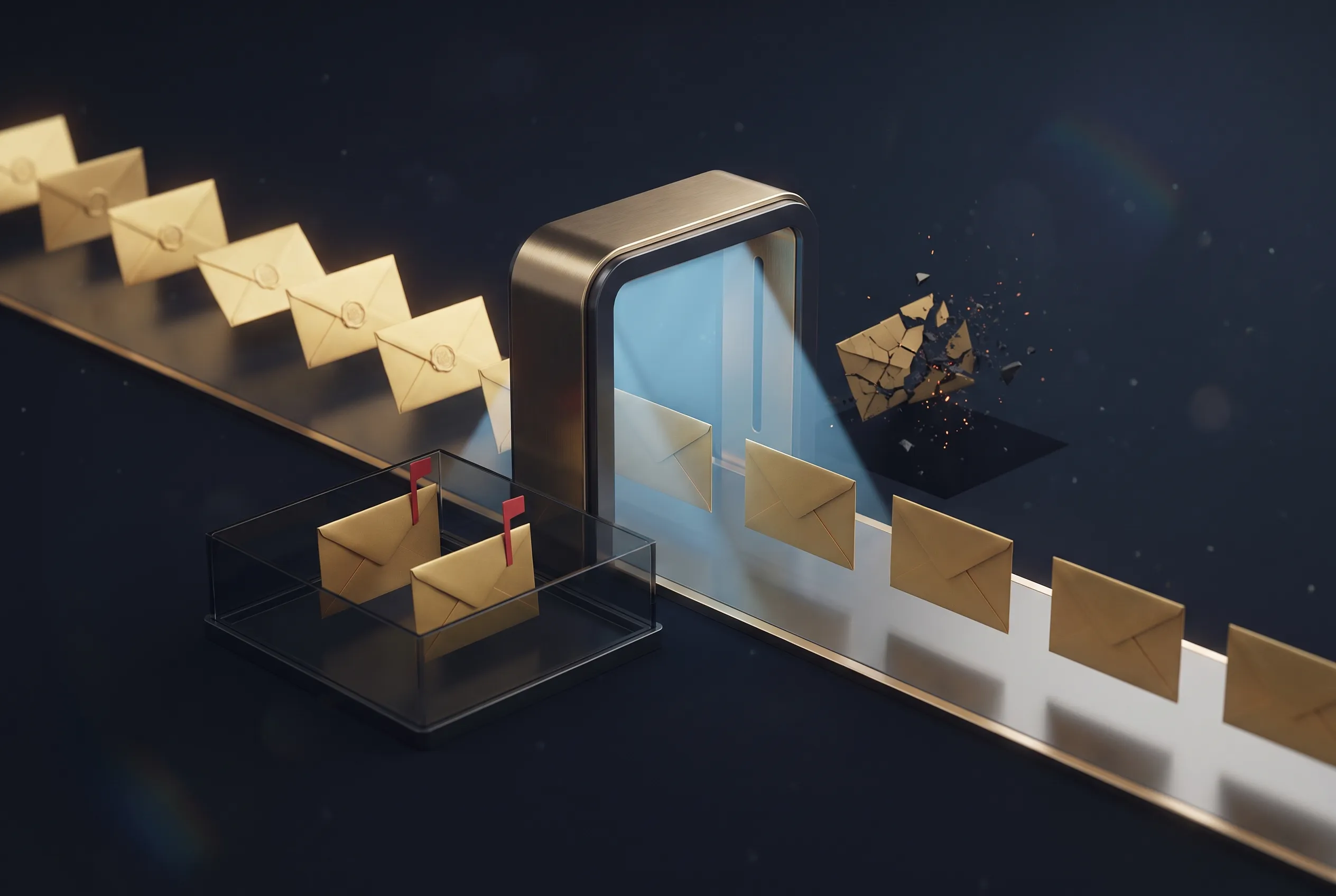 A secure email gateway filtering incoming mail — legitimate messages pass through while a malicious one is blocked and destroyed
