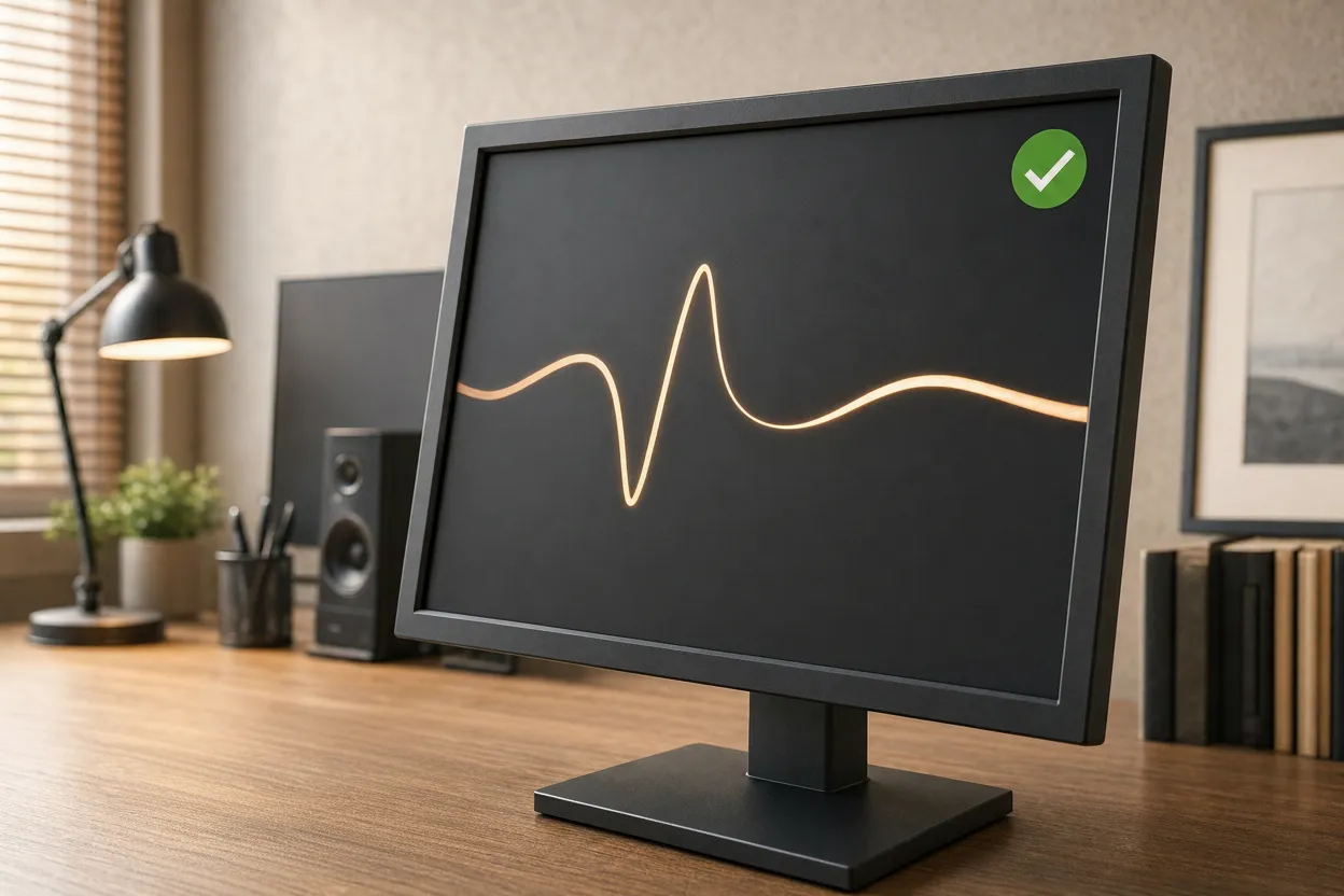 A modern widescreen monitor on a bright office desk showing a glowing gold heartbeat vital-sign line and a green checkmark badge — automated system health monitoring and a clean bill of health
