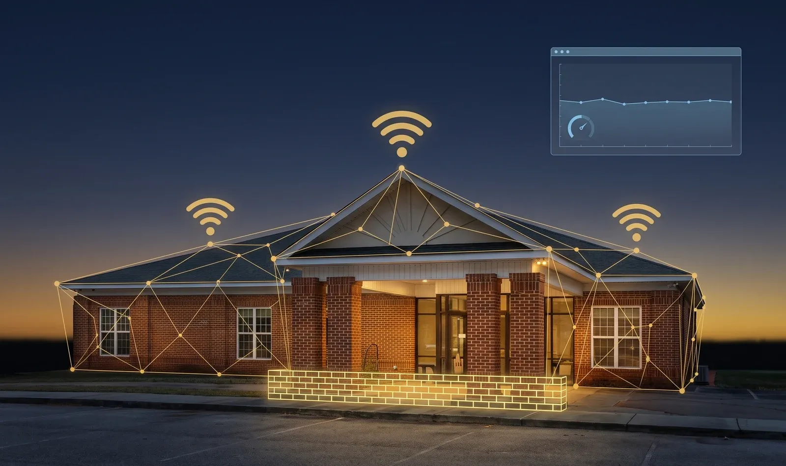 Office building with a secure network overlay — firewall, wireless, and connectivity