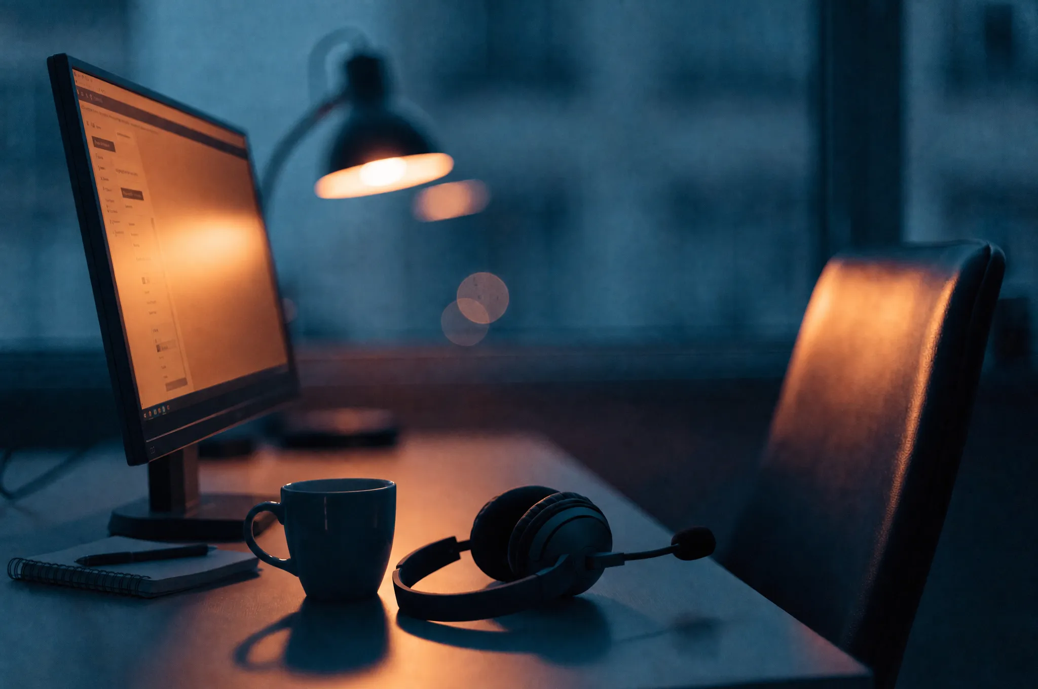 A warm, softly lit support desk with a headset, monitor, and notepad — ready for helpdesk and on-site support