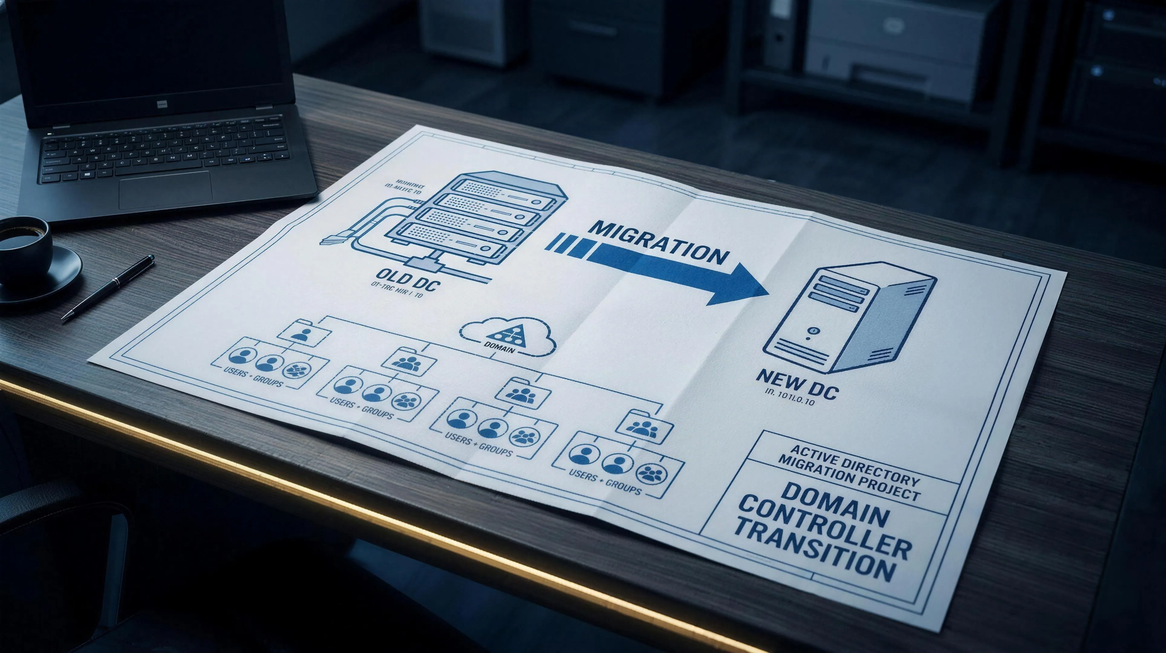Blueprint-style diagram of an Active Directory and domain controller migration — an old domain controller cut over to a new domain controller, with the domain, organizational units, and users and groups