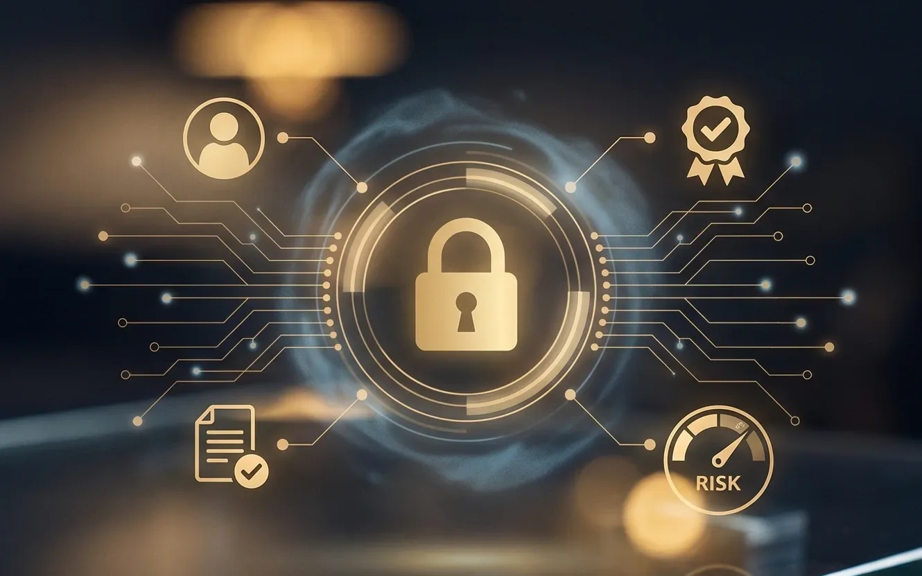Holographic cybersecurity interface on glass — account security, compliance, and risk management
