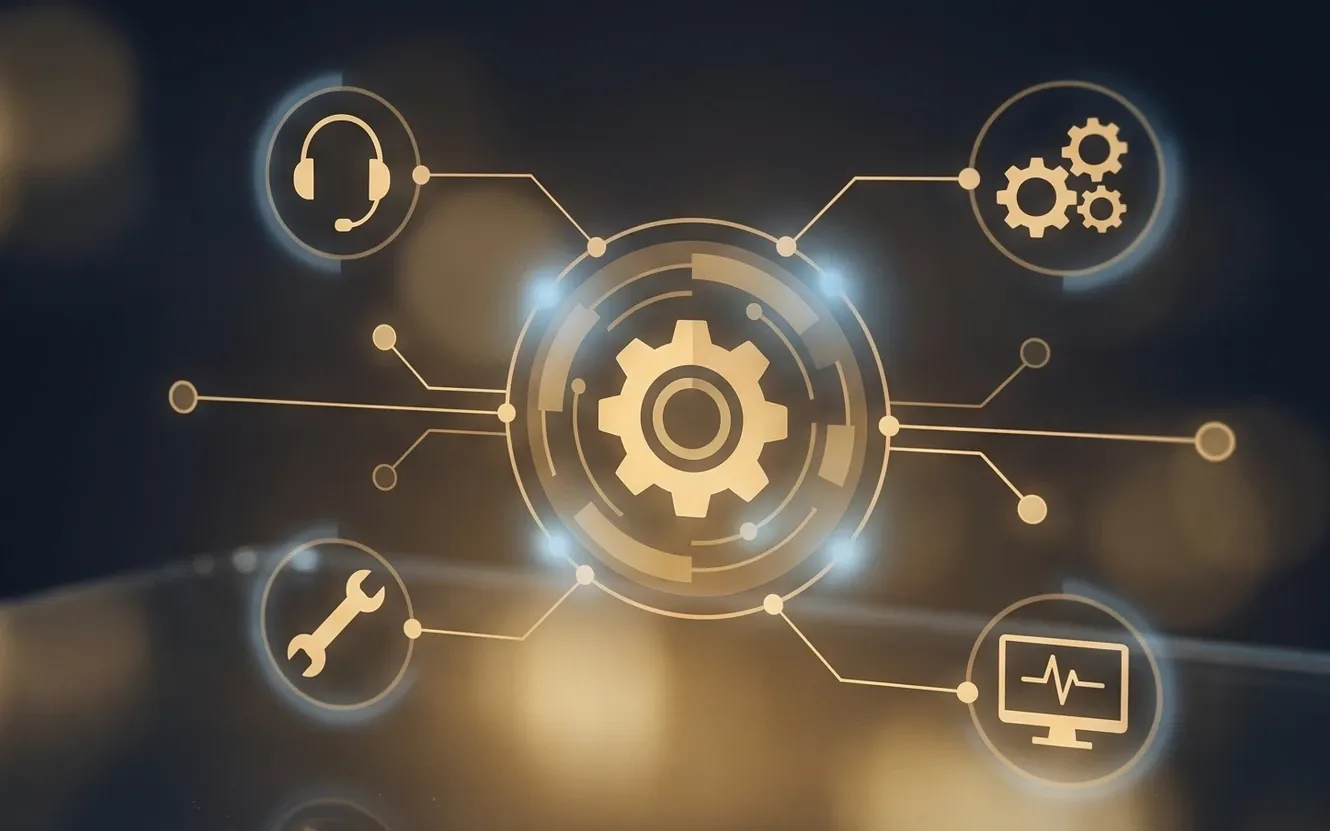 Holographic managed IT services interface on glass — support, maintenance, automation, and monitoring