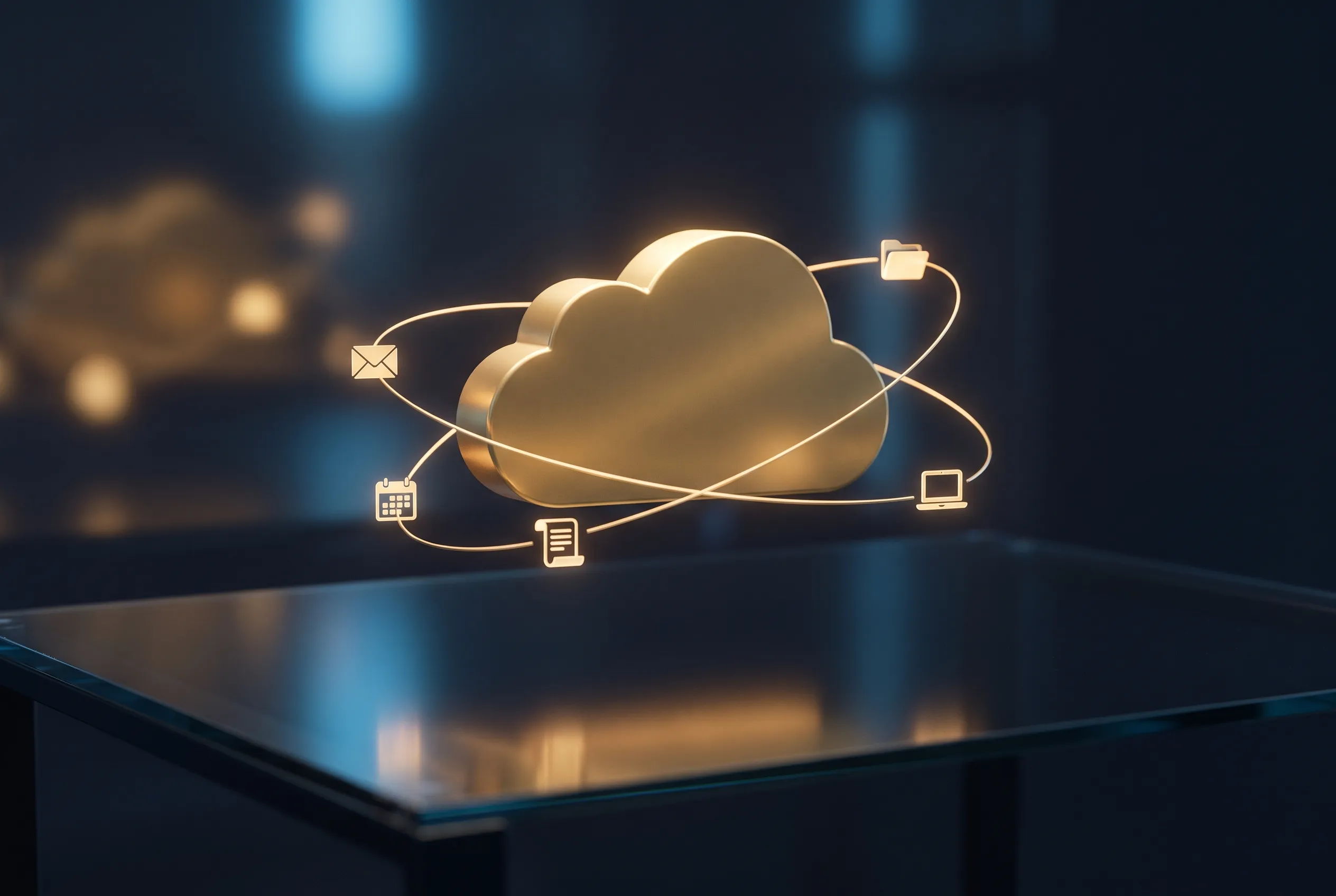 Gold cloud on glass with orbiting productivity icons — email, calendar, documents, files, and devices for Microsoft 365 and Google Workspace