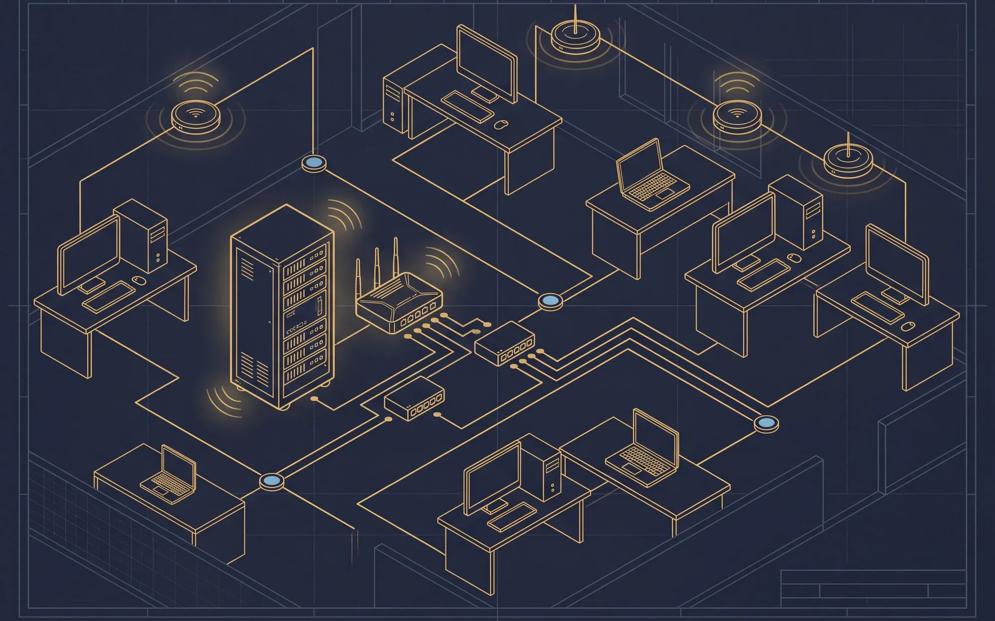 Isometric blueprint of a network, server, and workstation deployment