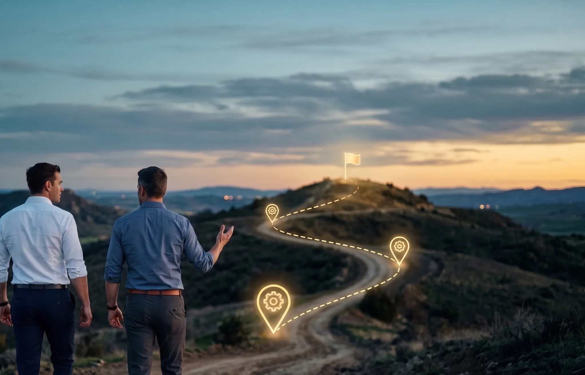Two people walking a road at dusk toward a goal flag on the hilltop while one gestures ahead, a glowing milestone roadmap winding up the route — IT strategy and planning