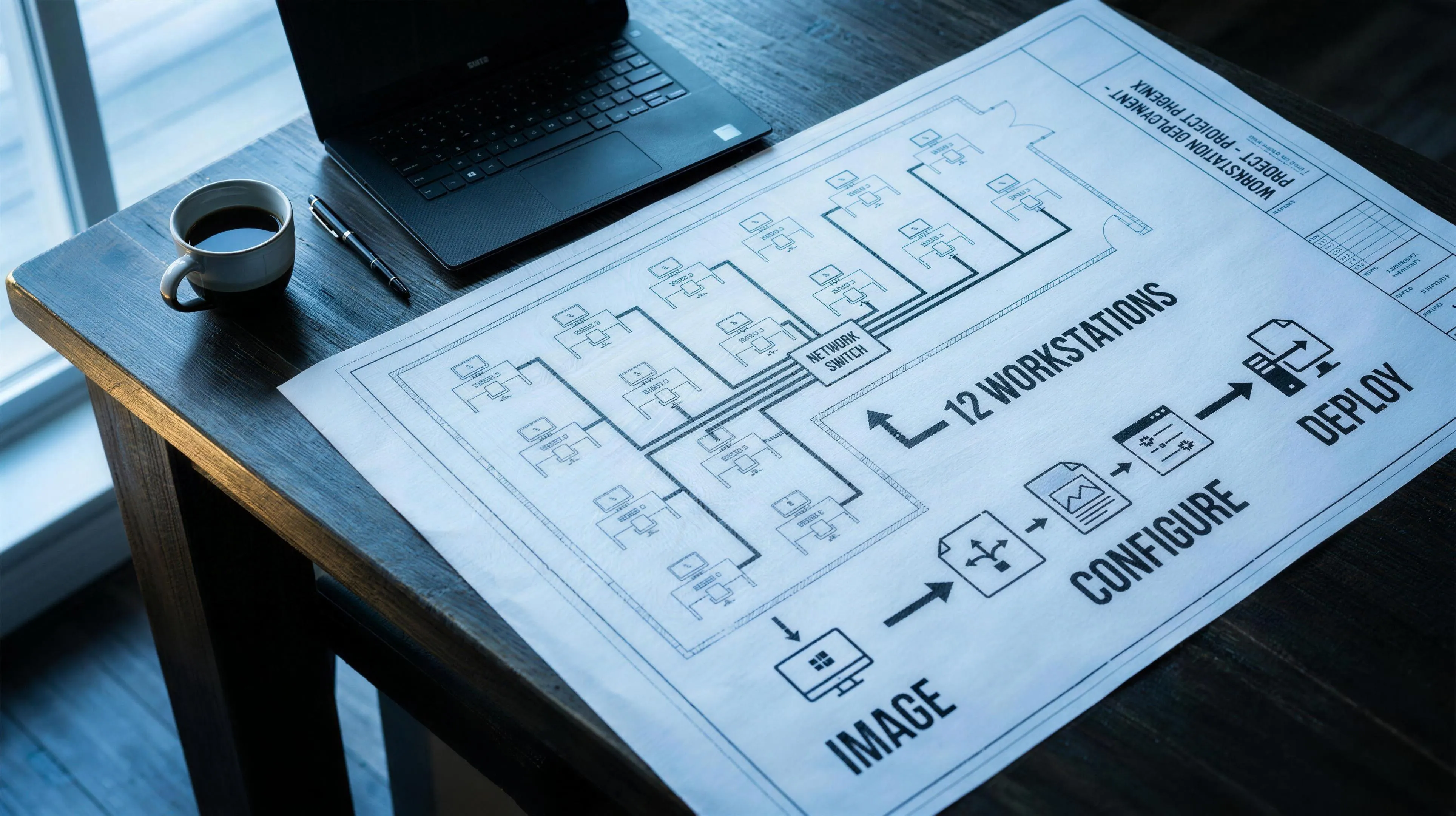 Blueprint-style deployment plan for a 12-workstation rollout — image, configure, and deploy